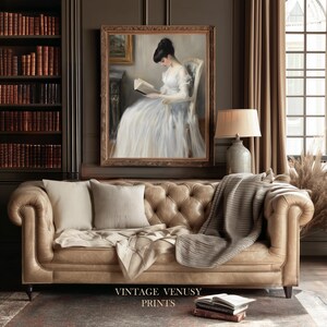 Graceful figure reading wall art for cozy nook — classic portrait captures refined beauty with muted, gentle tones.