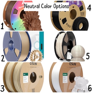Pu&ograve; includere: Un'immagine che mostra sei opzioni di colore neutro per filamenti di stampa 3D. L'immagine include bobine di filamento in vari colori, tra cui marrone, nero, blu, beige e bianco. Il testo "Neutral Color Options" &egrave; visualizzato in alto.