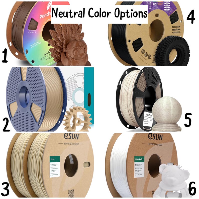 Pu&ograve; includere: Un'immagine che mostra sei opzioni di colore neutro per filamenti di stampa 3D. L'immagine include bobine di filamento in vari colori, tra cui marrone, nero, blu, beige e bianco. Il testo "Neutral Color Options" &egrave; visualizzato in alto.