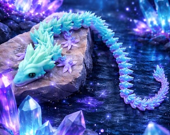 Articulated Crystal Dragon Toy: Teal Purple 3D Printed Flexible Fantasy Creature