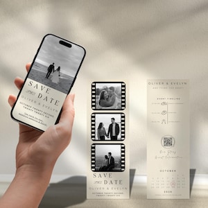 May include: A smartphone displays a black and white "Save the Date" announcement for Oliver & Evelyn, with additional announcements and a calendar. The announcements feature a photo of a couple and the date "October Twenty Second, Twenty Twenty Six."