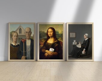 Funny Bathroom Wall Art Bundle, Set of 3 Funny Bathroom Signs, Classic Art Parody, Printable Poster, Gift, PNG, Digital Download, Home Decor