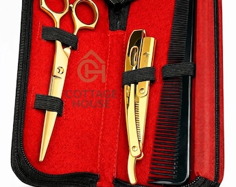 Kit de corte de cabello de acero inoxidable dorado: tijeras de barbero, tijeras de entresacar, peine (estuche rojo)