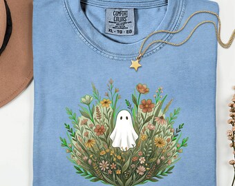 Floral Ghost Graphic Tee, Whimsical Botanical Halloween Shirt