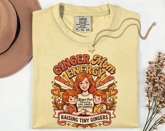 Ginger Mom Energy T-Shirt, Raising Tiny Gingers Graphic Tee, Retro 70s Style Family Apparel, Funny Redhead Mama Aesthetic