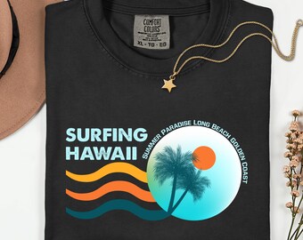 Vintage Surfing Hawaii Shirt, Retro Tropical Palm Tree Summer Tee