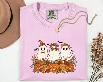 Boho Ghost Pumpkin T-Shirt, Floral Autumn Halloween Apparel