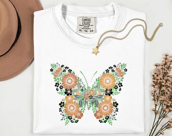Sunflower Butterfly Graphic Tee, Botanical Floral Nature Shirt, Cottagecore Garden Gift