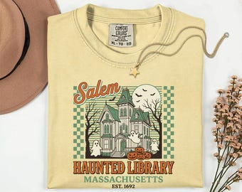 Salem Haunted Library Graphic Tee, Spooky Halloween Bookish Shirt, Massachusetts Est. 1692