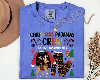 Christmas Pajamas Crew T-Shirt, Reindeer Holiday Graphic Tee, Festive Family Apparel
