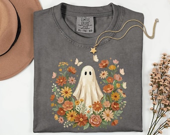 Floral Ghost Graphic Tee, Boho Autumn Wildflowers, Cottagecore Halloween Shirt