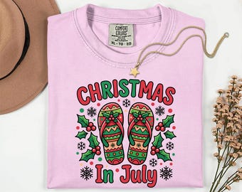 Christmas In July Flip Flops Graphic Tee, Festive Summer Beach Shirt