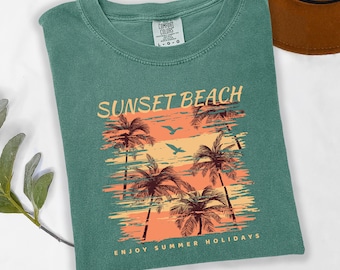 Retro Sunset Beach Palm Tree T-Shirt, Tropical Summer Vacation Tee
