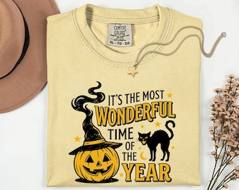 Time Halloween Tee, Black Cat Pumpkin Witch Hat Shirt