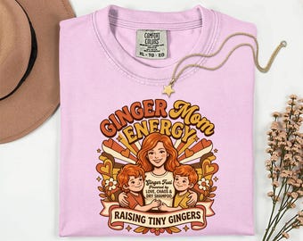 Ginger Mom Energy Graphic Tee, Raising Tiny Gingers Retro Shirt, Funny Redhead Parenting Apparel, Groovy 70s Style Family