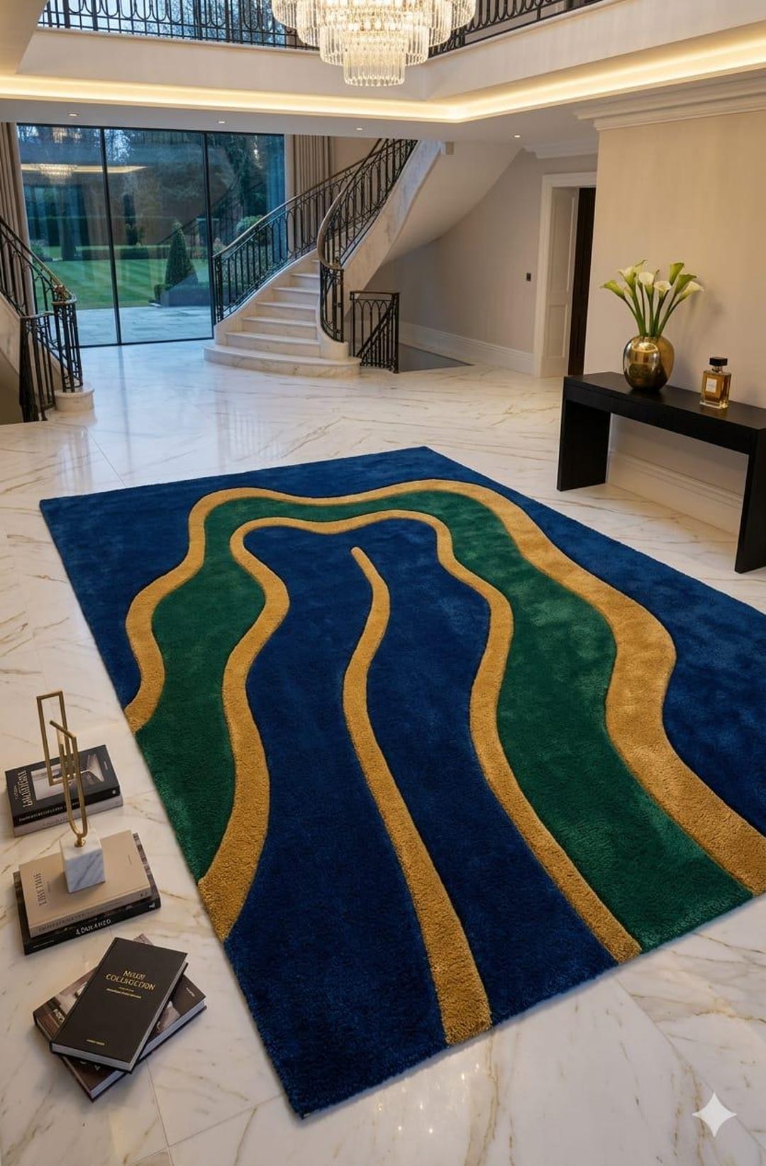 Hand Tufted Rug Abstract Modern Wool Blue Green Gold Living Room 8x10 ...