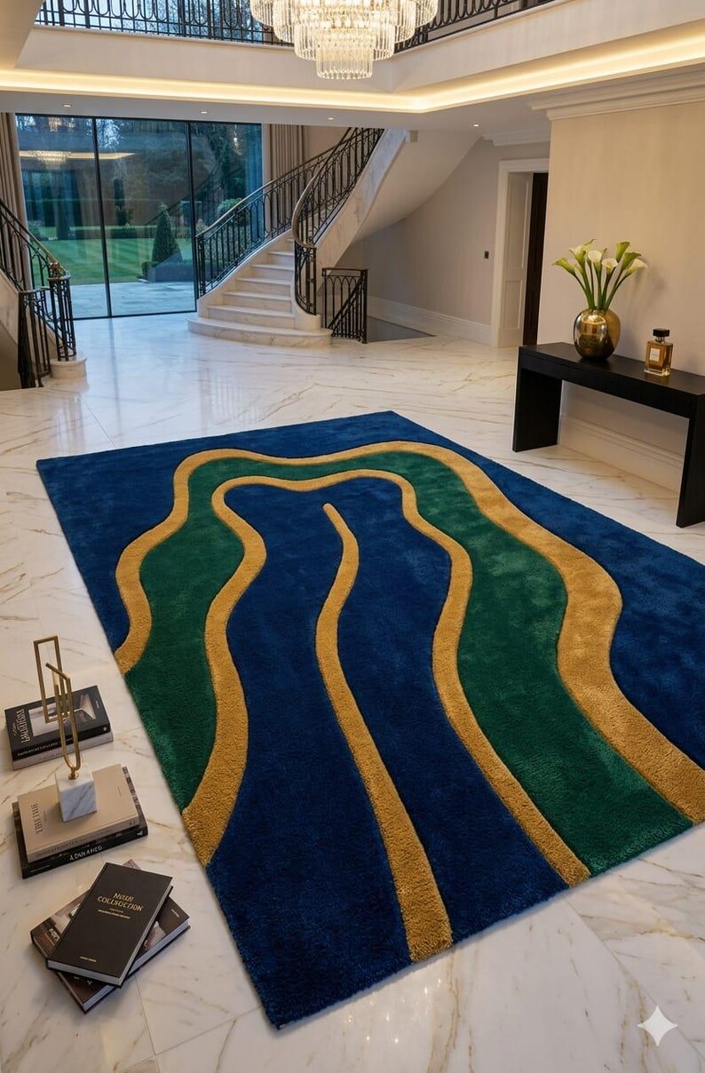 Hand Tufted Rug Abstract Modern Wool Blue Green Gold Living Room 8x10 ...