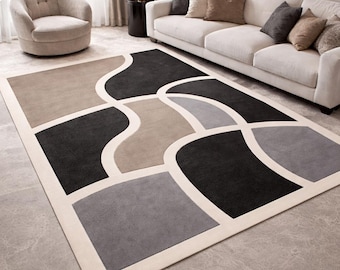 Hand Tufted Wool Rug, Black Beige Curved Abstract Pattern
