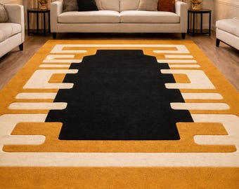 Hand Tufted Wool Area Rug – Black & Mustard Geometric Modern Carpet