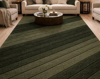 Hand Tufted Wool Rug, Modern Striped Olive Green Carpet