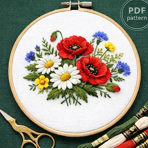 Patrón de bordado floral: Diseño Muhu de amapola y aciano (Patrón PDF)