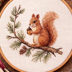 May include: A detailed embroidery of a squirrel clutching an acorn, sitting on a branch with pine needles. The squirrel is brown with a bushy tail, set against a white fabric within a wooden embroidery hoop. The artwork is realistic and finely stitched.