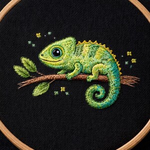 Puede incluir: Obra de arte bordada de un camaleón verde y amarillo posado en una rama marrón, sobre un fondo negro. El camaleón tiene ojos grandes y detallados y está rodeado de pequeños acentos florales. El diseño está en un bastidor de bordado de madera.