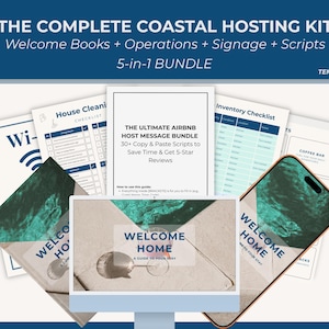 Może przedstawiać: Zestaw szablonów zestawu hostingowego dla obszarów nadmorskich, w tym księgi powitalne, przewodniki operacyjne, oznakowanie i skrypty. Obraz przedstawia ekran komputera, papiery i telefon z napisem "Welcome Home".