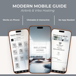 以下が含まれることがあります： ローズゴールドのフレームが付いた3台のスマートフォンは、AirbnbとVrboのホスティング用のモダンなモバイルガイドを表示しています。画面には、ゲストメニュー、ウェルカムメッセージ、チェックイン情報が表示されます。「Works on Phone」、「Clickable & Interactive」などのテキストが含まれています。