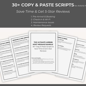 Può includere: Un fascio di documenti cartacei bianchi con testo nero, tra cui il titolo "THE ULTIMATE AIRBNB HOST MESSAGE BUNDLE". I documenti sono progettati per far risparmiare tempo e aiutare gli host a ottenere recensioni a 5 stelle. Il testo include "30+ COPY & PASTE SCRIPTS".
