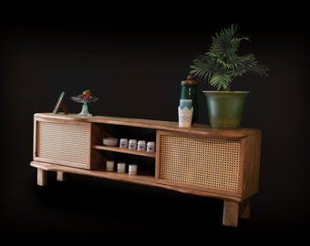 Handmade solid oak TV stand – French handcrafted TV stand, mid-century inspired, low wooden chest of drawers