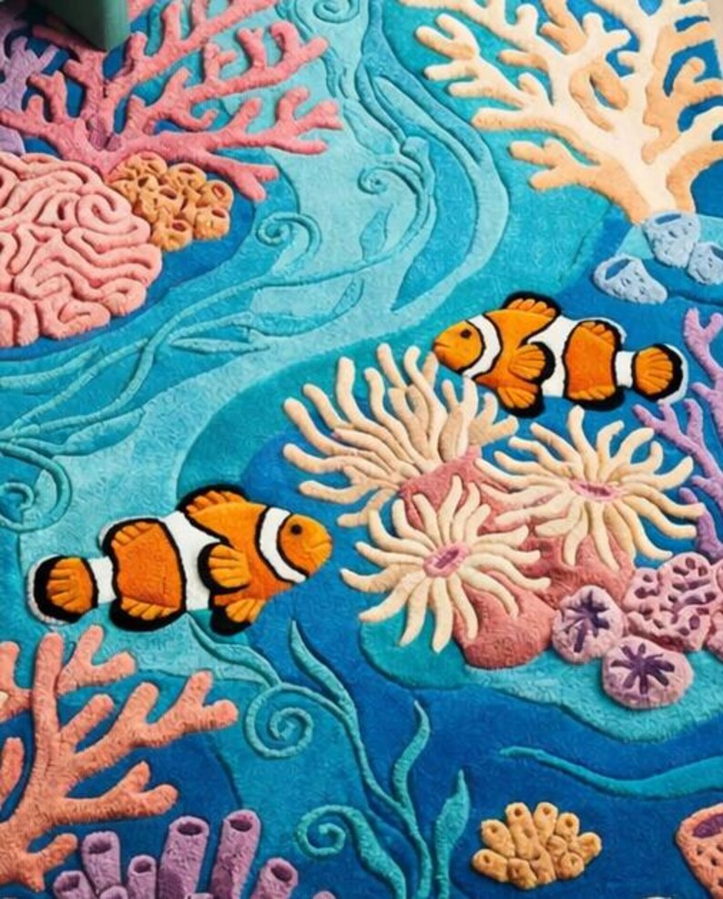 Hand Tufted Ocean Coral Reef Rug, Clownfish Kids Room Carpet, Blue ...