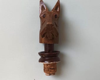 Antique Black Forest bottle pourer, hand-carved terrier with glass eyes, vintage barware circa 1940