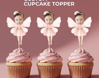 Fee Cupcake Toppers mit Kunden Foto, personalisierter 1.Geburtstag oder Baby Shower Cupcake Dekor