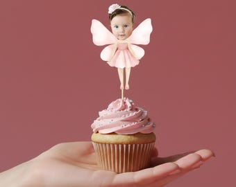 Fee Cupcake Toppers mit Kunden Foto, personalisierter 1.Geburtstag oder Baby Shower Cupcake Dekor