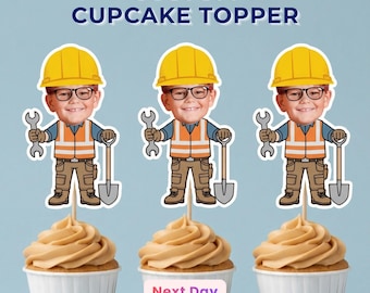 Kundenspezifische Konstruktions-Erbauer-Foto-Cupcake-Topper, Junge 1. Geburtstagsfeierdekoration