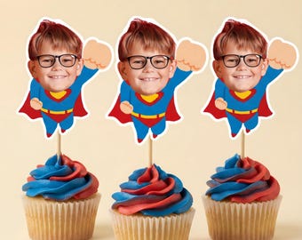 Benutzerdefinierte Superhelden Gesicht Cupcake Toppers, Jungen Geburtstags-Foto-Kuchen-Picks