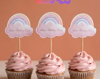 Personalisierte Regenbogen Cupcake Topper, Pastell Name Geburtstags-Picks, Boho Party Dekor