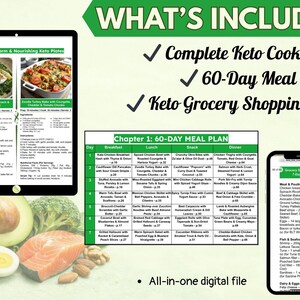 Puede incluir: Libro de cocina digital keto con un plan de comidas de 60 d&iacute;as y lista de compras. La imagen muestra una tableta y un tel&eacute;fono que muestran recetas y un plan de comidas. Tambi&eacute;n se muestran ingredientes frescos como aguacate, salm&oacute;n y huevos.