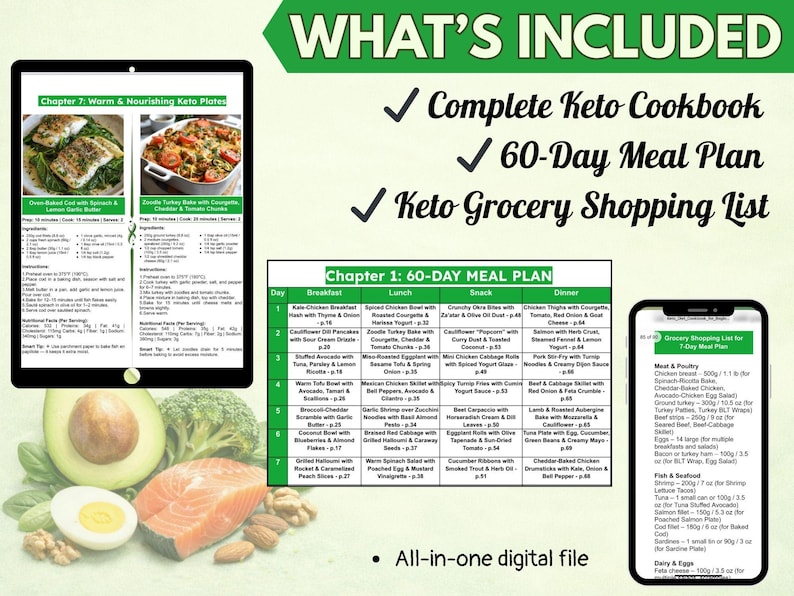 Puede incluir: Libro de cocina digital keto con un plan de comidas de 60 d&iacute;as y lista de compras. La imagen muestra una tableta y un tel&eacute;fono que muestran recetas y un plan de comidas. Tambi&eacute;n se muestran ingredientes frescos como aguacate, salm&oacute;n y huevos.