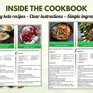 Puede incluir: Una p&aacute;gina de libro de cocina con recetas de huevos al parmesano en champi&ntilde;ones, cuenco de yogur y frambuesas, salteado de cerdo con fideos de nabo y filete de at&uacute;n sellado. El texto dice: "Recetas keto f&aacute;ciles, instrucciones claras, ingredientes sencillos."