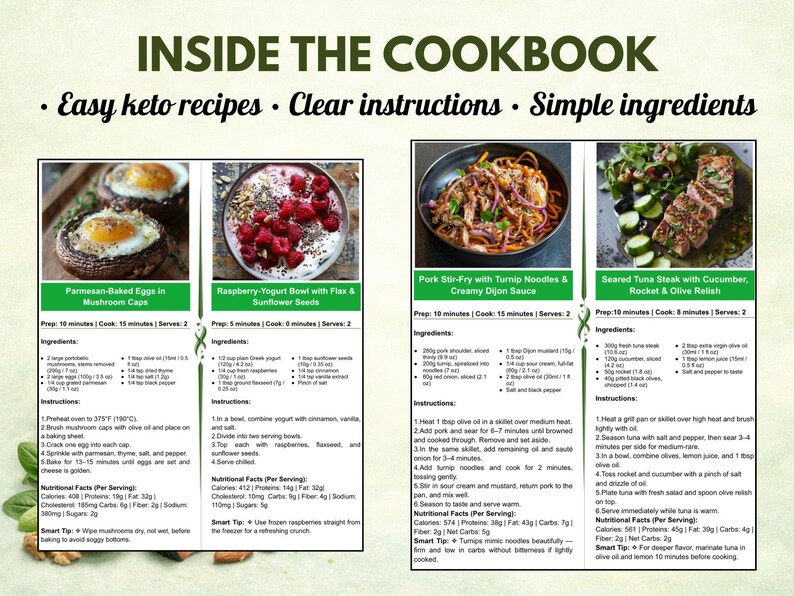 Puede incluir: Una p&aacute;gina de libro de cocina con recetas de huevos al parmesano en champi&ntilde;ones, cuenco de yogur y frambuesas, salteado de cerdo con fideos de nabo y filete de at&uacute;n sellado. El texto dice: "Recetas keto f&aacute;ciles, instrucciones claras, ingredientes sencillos."