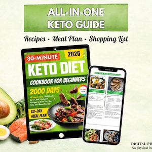 Puede incluir: Gu&iacute;a digital de dieta Keto con recetas, planes de comidas y listas de compras. La imagen muestra una tableta y un tel&eacute;fono inteligente que muestran el libro de cocina y ejemplos de comidas. Tambi&eacute;n se ven ingredientes frescos como aguacate, salm&oacute;n y huevos.