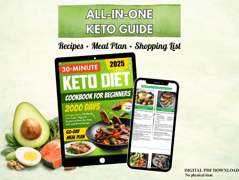 Puede incluir: Gu&iacute;a digital de dieta Keto con recetas, planes de comidas y listas de compras. La imagen muestra una tableta y un tel&eacute;fono inteligente que muestran el libro de cocina y ejemplos de comidas. Tambi&eacute;n se ven ingredientes frescos como aguacate, salm&oacute;n y huevos.