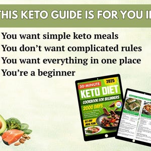 Puede incluir: Imagen de una gu&iacute;a de dieta cetog&eacute;nica con texto: "This Keto Guide Is For You If: Quieres comidas cetog&eacute;nicas sencillas, No quieres reglas complicadas, Quieres todo en un solo lugar, Eres principiante." Incluye un libro de cocina y comida.
