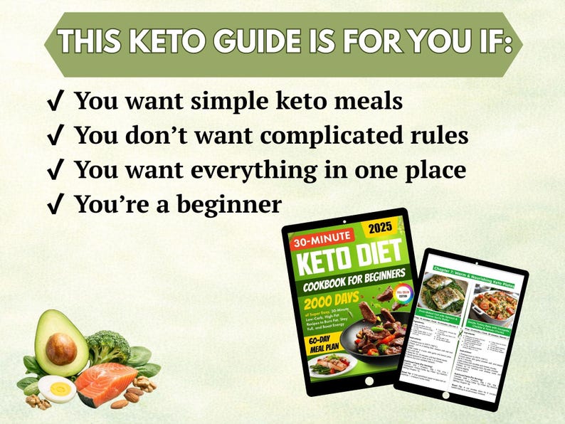 Puede incluir: Imagen de una gu&iacute;a de dieta cetog&eacute;nica con texto: "This Keto Guide Is For You If: Quieres comidas cetog&eacute;nicas sencillas, No quieres reglas complicadas, Quieres todo en un solo lugar, Eres principiante." Incluye un libro de cocina y comida.