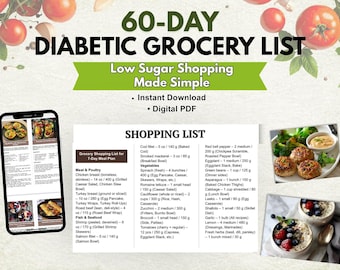 Lista de la compra para diabéticos (PDF) / Lista de la compra baja en azúcar para principiantes / Lista de alimentos imprimible + Ayuda para la planificación de comidas