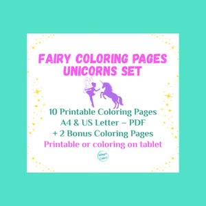 Fairy Coloring Pages – Unicorns Set | 10 Printable Drawings | A4 & US Letter PDF + 2 Drawings Bonus