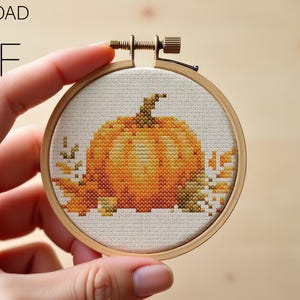 Puede incluir: Un patrón de punto de cruz que muestra una calabaza naranja con hojas verdes, exhibido en un bastidor de bordado redondo de madera. El texto DIGITAL DOWNLOAD PDF y stitchymarkspatterns es visible. El diseño utiliza hilos naranjas, amarillos y verdes sobre una tela clara.