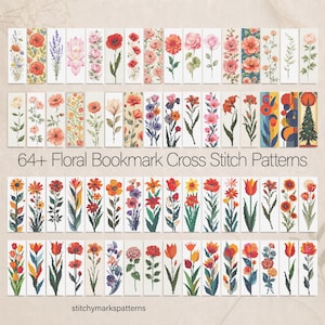 Op de afbeelding: Een verzameling van 64+ kruissteekpatronen voor bloemenbladwijzers met diverse botanische ontwerpen, waaronder rozen, klaprozen, tulpen en lavendel. De tekst 64+ Floral Bookmark Cross Stitch Patterns en stitchymarkpatterns is zichtbaar.